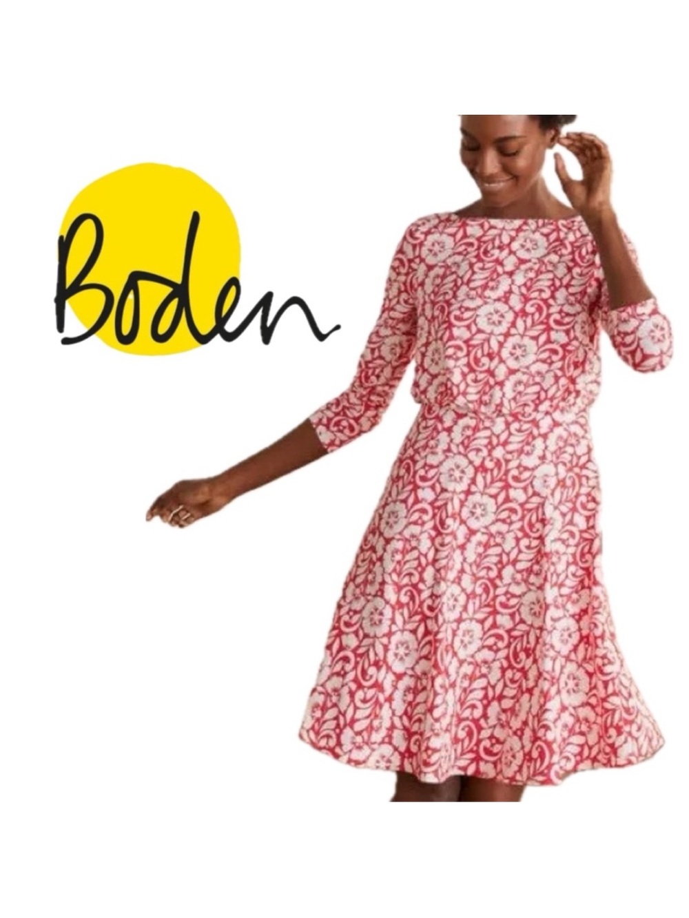 Boden Nellie Red Shadow Blossom Floral Hibiscus Jersey Dress 12